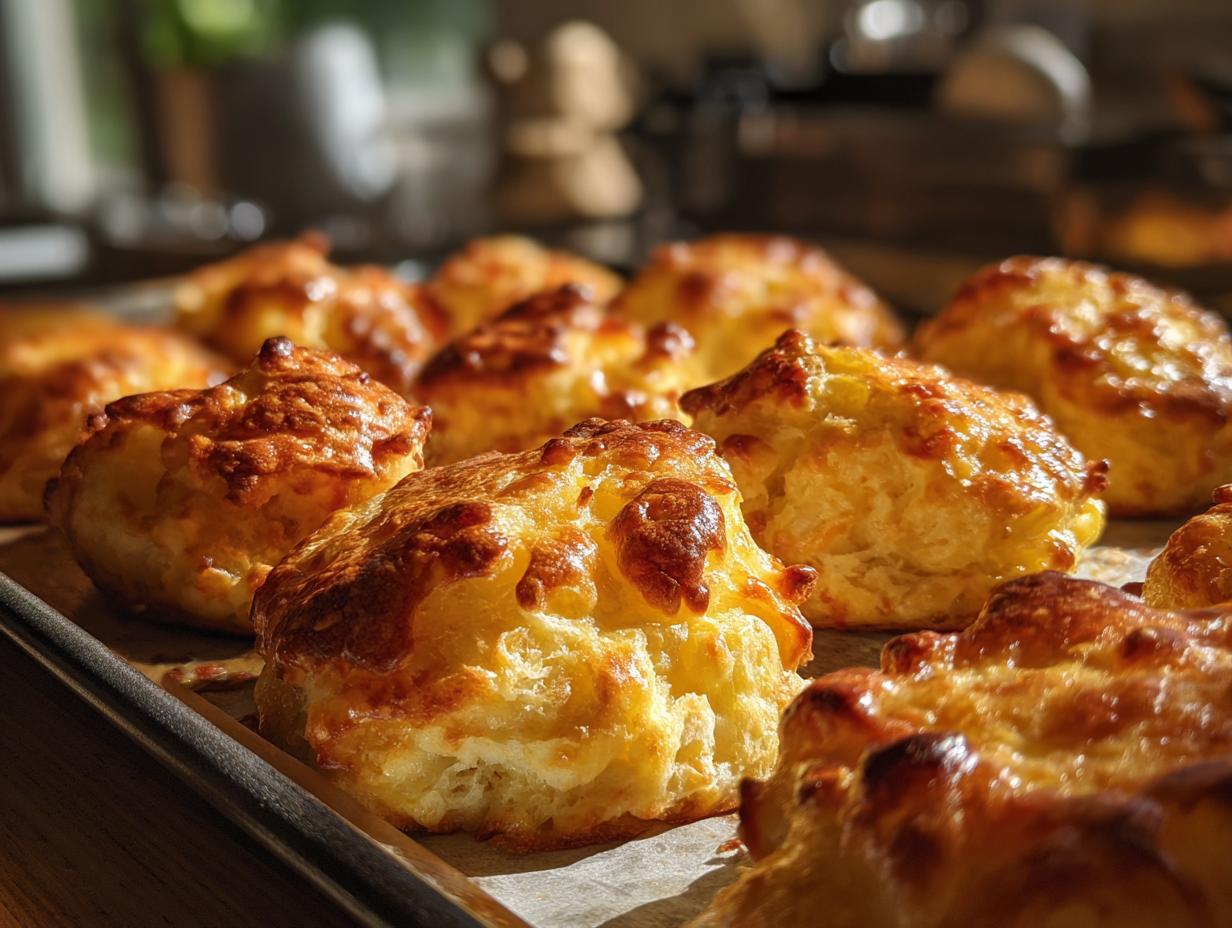 Close-up of golden baked cheese puffs fresh from the oven on a baking tray for simple baking recipes