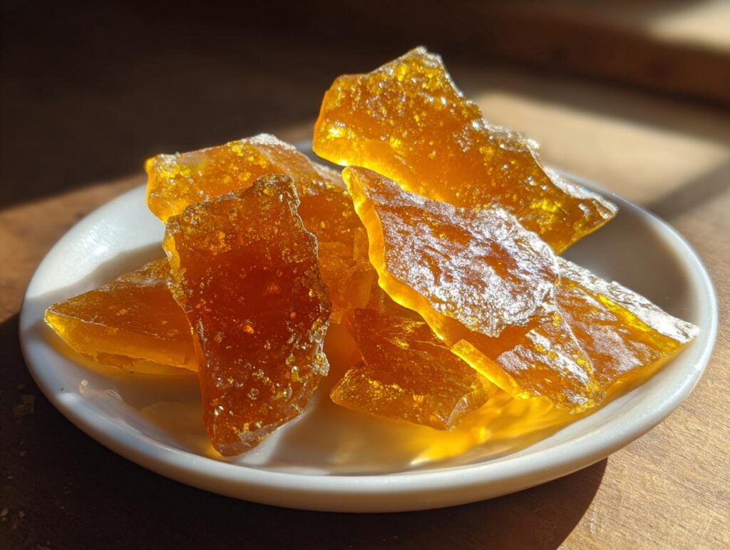 Close-up of golden brittle candy pieces on a white plate, showcasing homemade candy recipes.