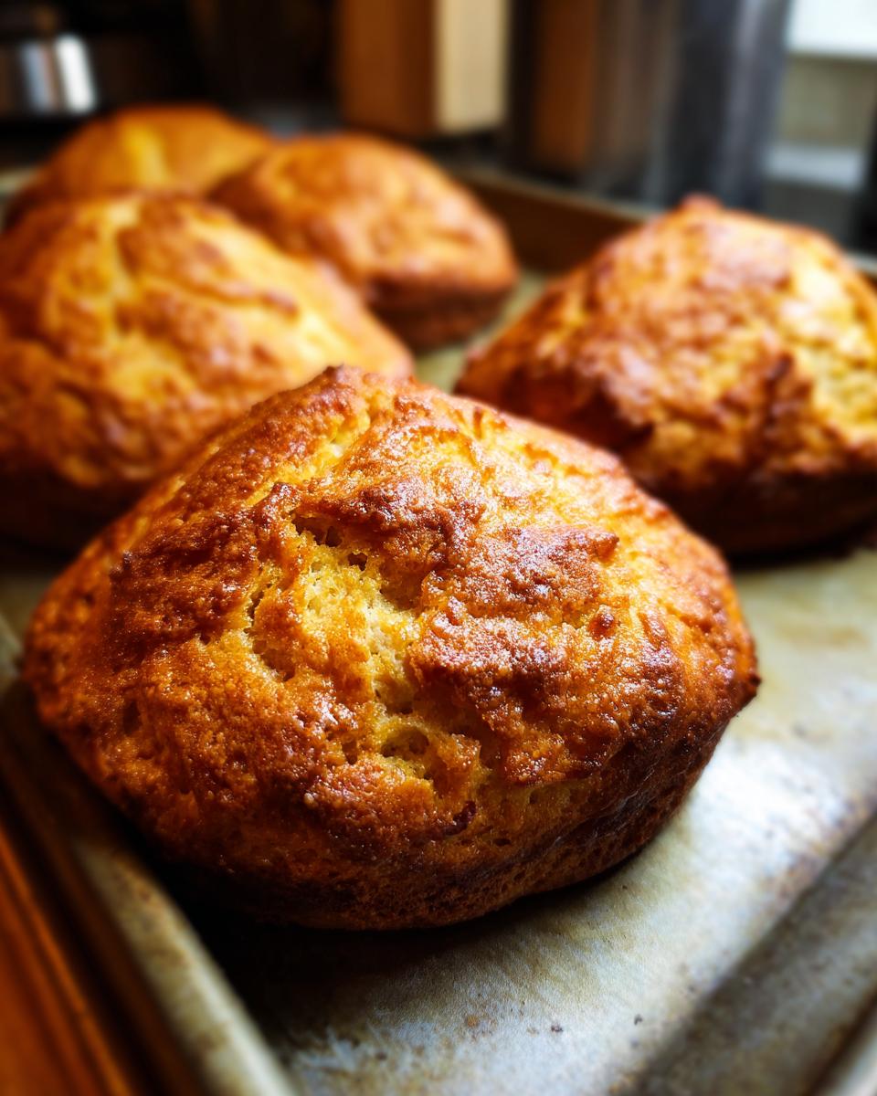Close-up of golden brown freshly baked muffins on a baking tray for simple baking recipes