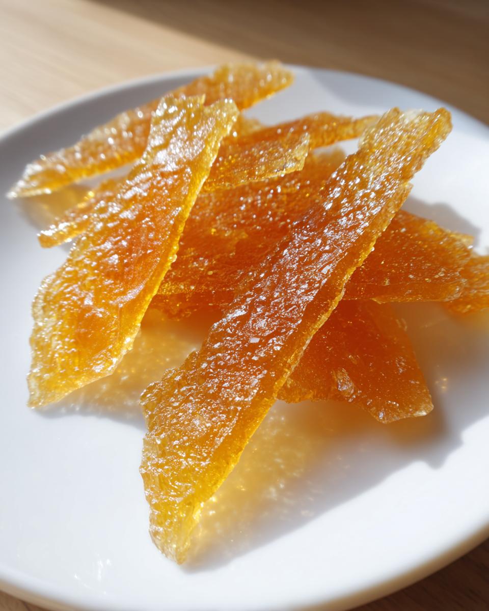 Close-up of translucent golden candy pieces on a white plate, homemade candy recipes