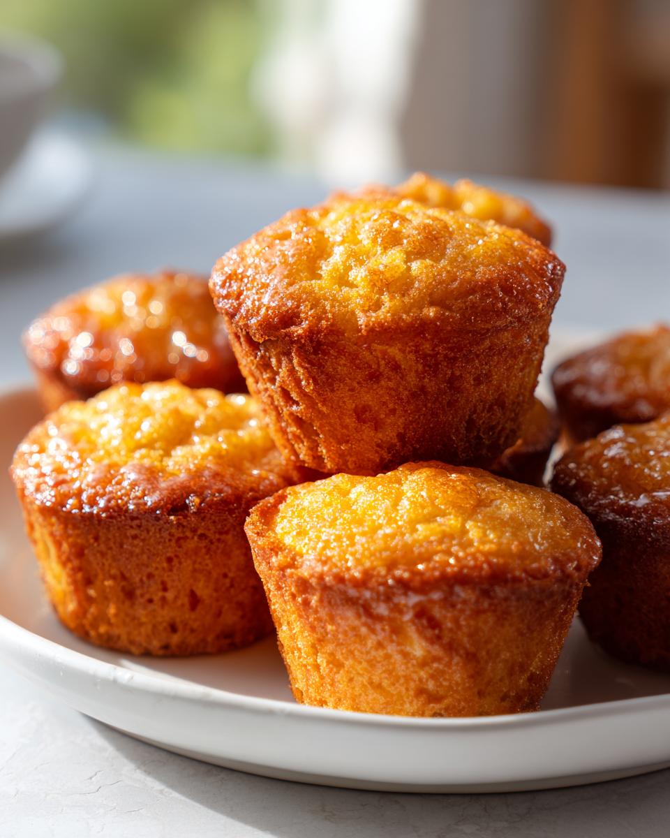 Close-up of golden honey butter cornbread bites stacked on a white plate.