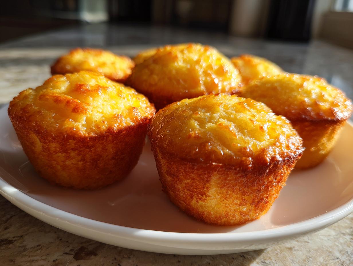 Close-up of golden honey butter cornbread bites arranged on a white plate.