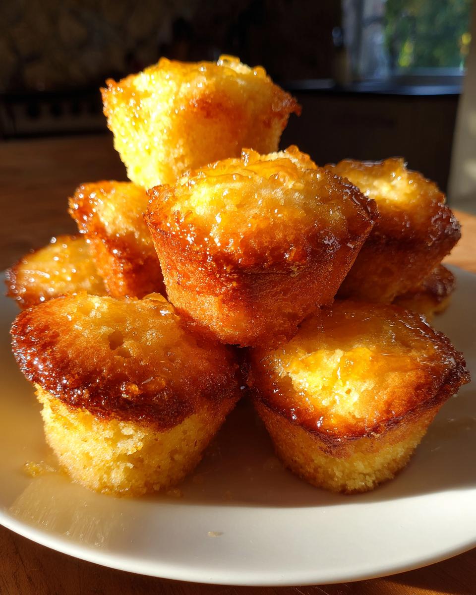 Close-up of golden honey butter cornbread bites stacked on a white plate.
