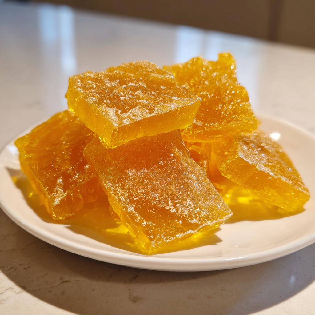 Close-up of golden translucent jelly squares on a white plate, homemade candy recipes.