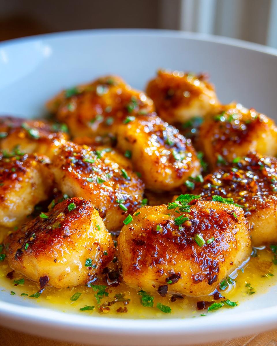 Close-up of golden pan-seared chicken bites garnished with herbs and spices in a white bowl.