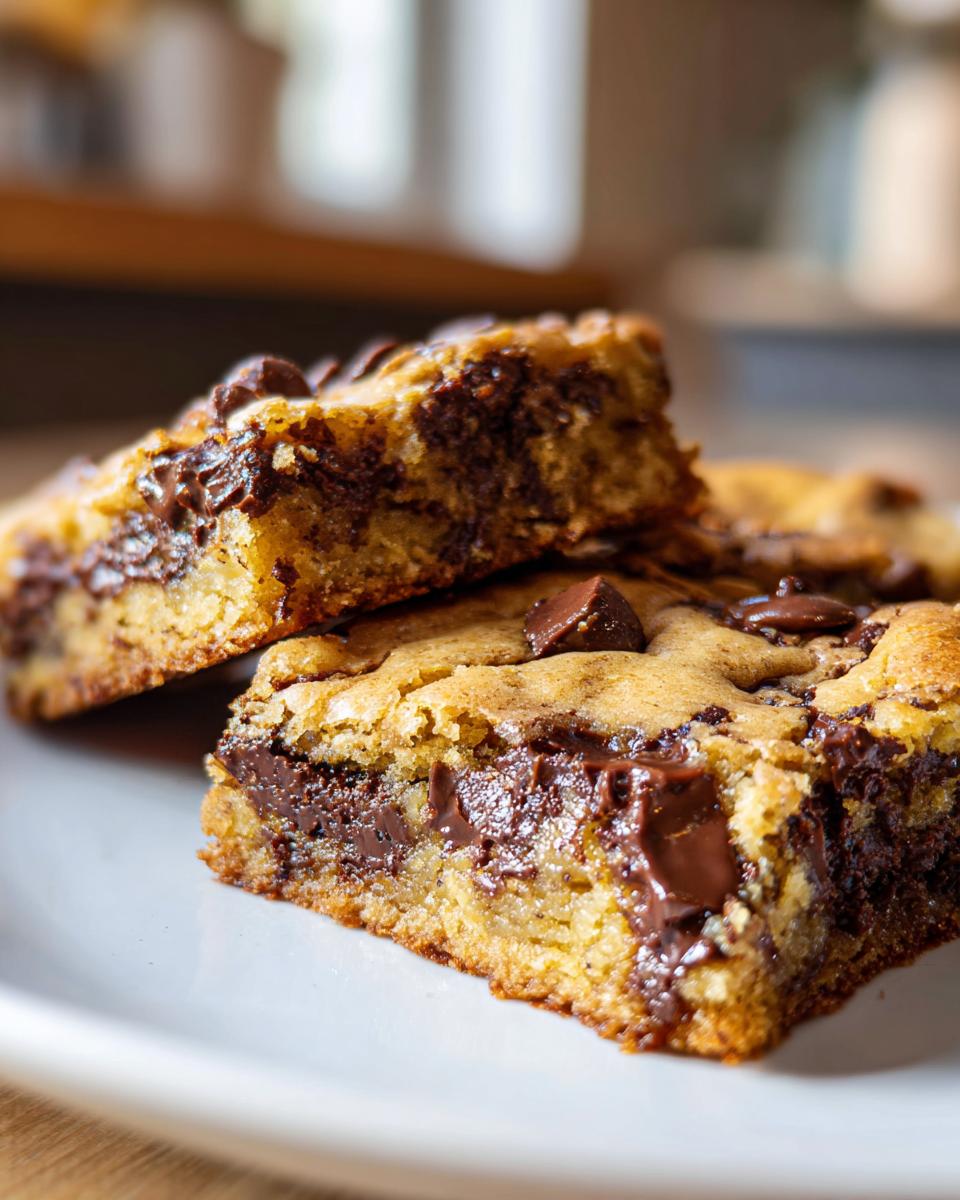 Two gooey chocolate chip blondie bars stacked on a white plate with melted chocolate chunks