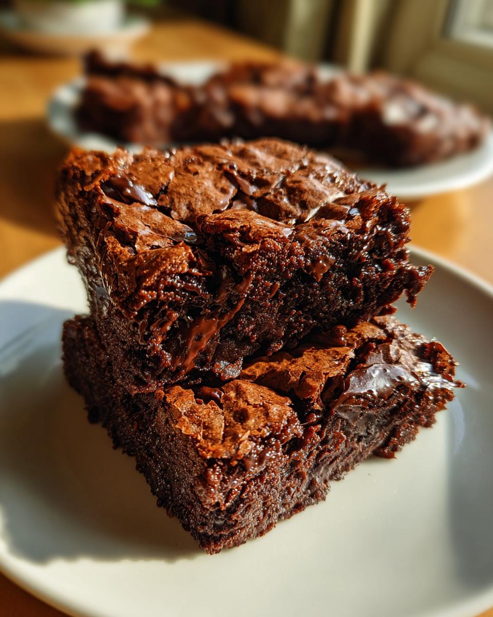 Two stacked gooey brownies with a cracked top on a white plate, highlighting homemade brownie recipes.