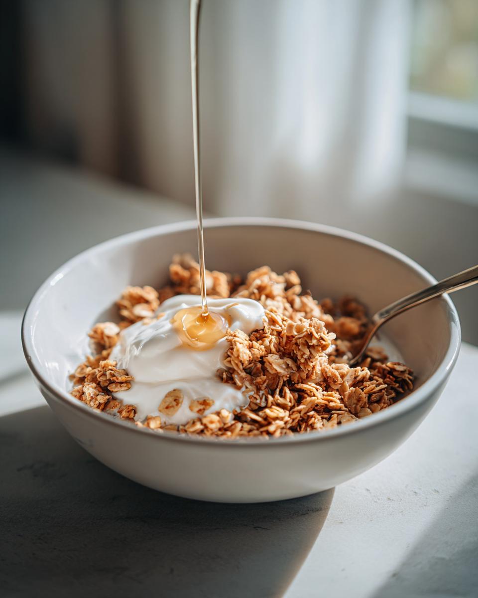 Bowl of granola with yogurt topped with honey drizzle, a quick snack recipe
