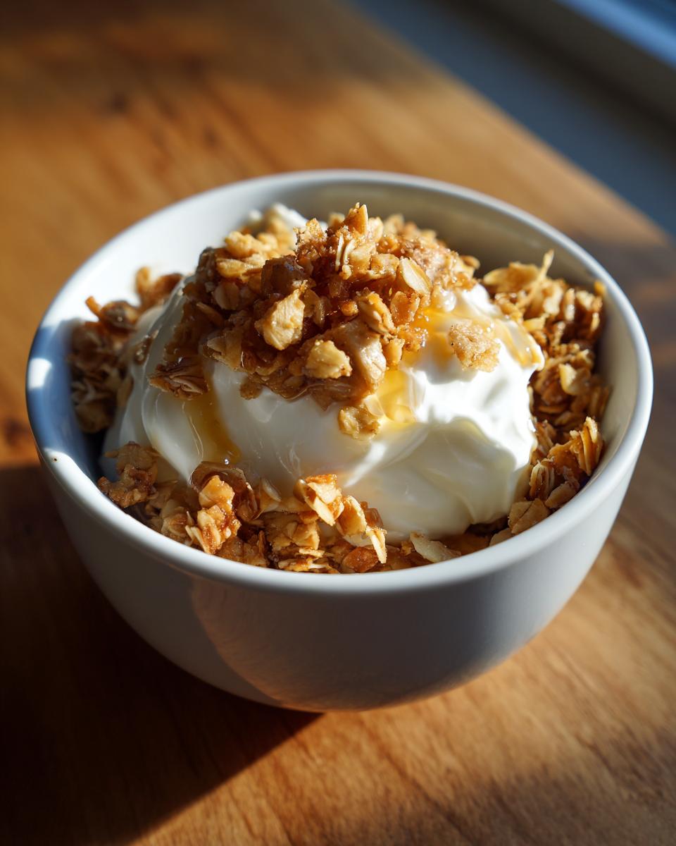 Bowl of creamy yogurt topped with crunchy granola and honey drizzle, a quick snack recipes idea.