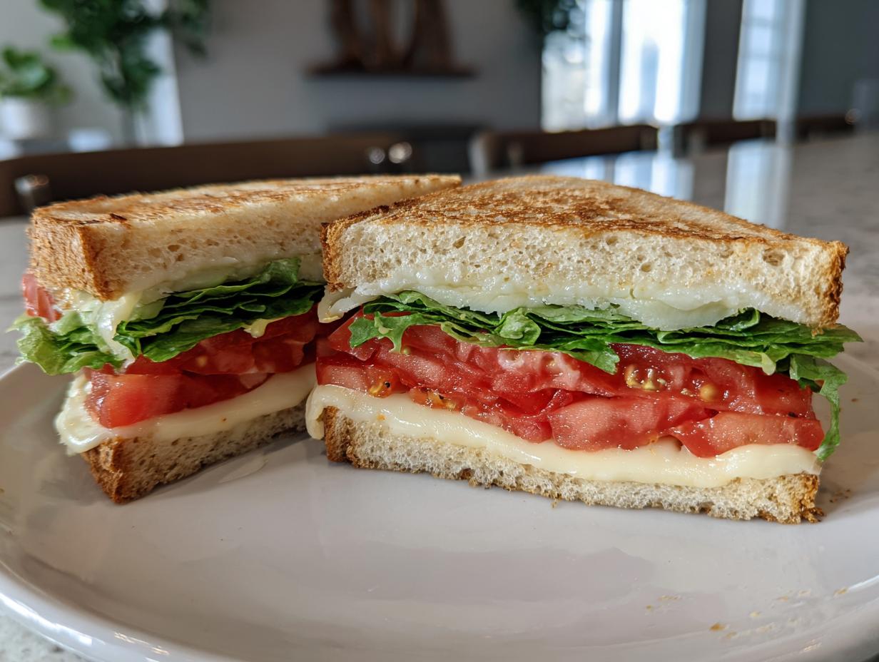 Grilled sandwich with melted cheese, fresh tomato slices, and leafy lettuce on white bread.