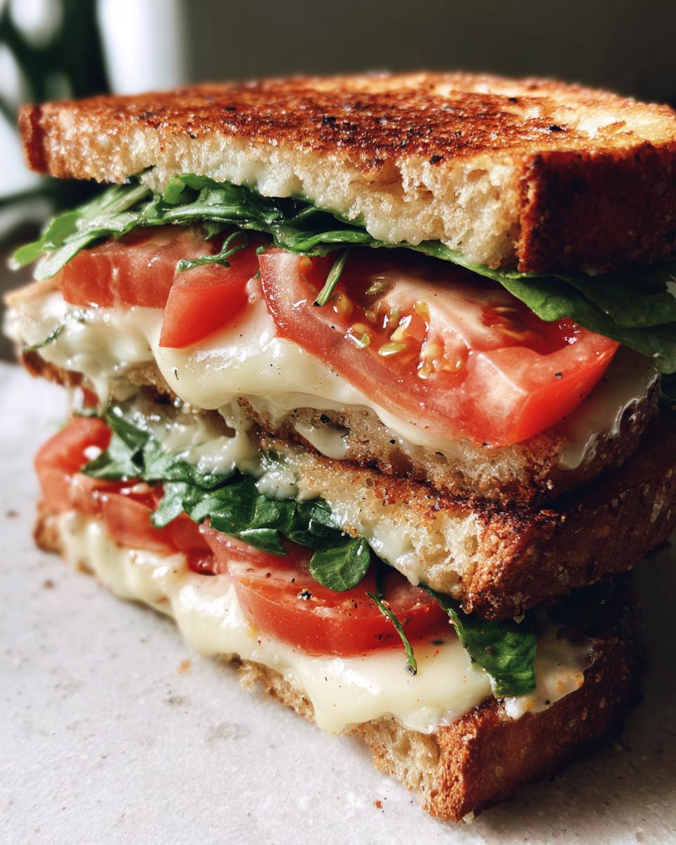 Close-up of a grilled cheese sandwich with tomato slices and leafy greens on toasted bread.