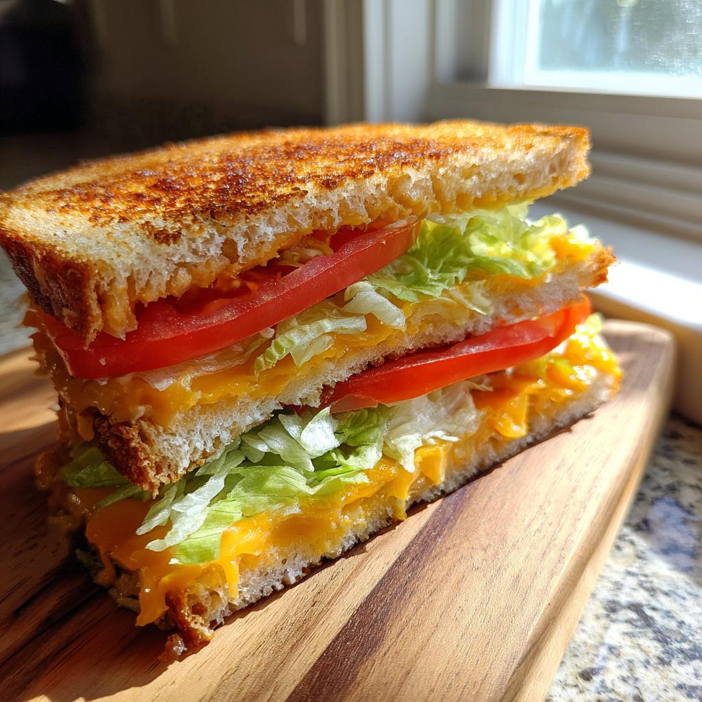 Close-up of a grilled cheese sandwich with tomato and lettuce on toasted bread for quick lunch ideas.