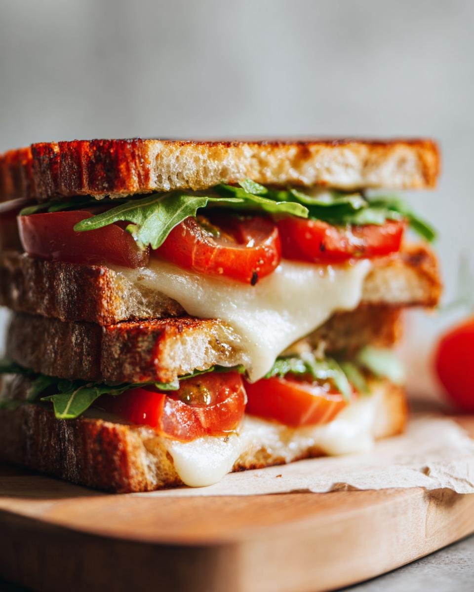 Close-up of grilled cheese sandwich with melted cheese, tomato slices, and leafy greens.