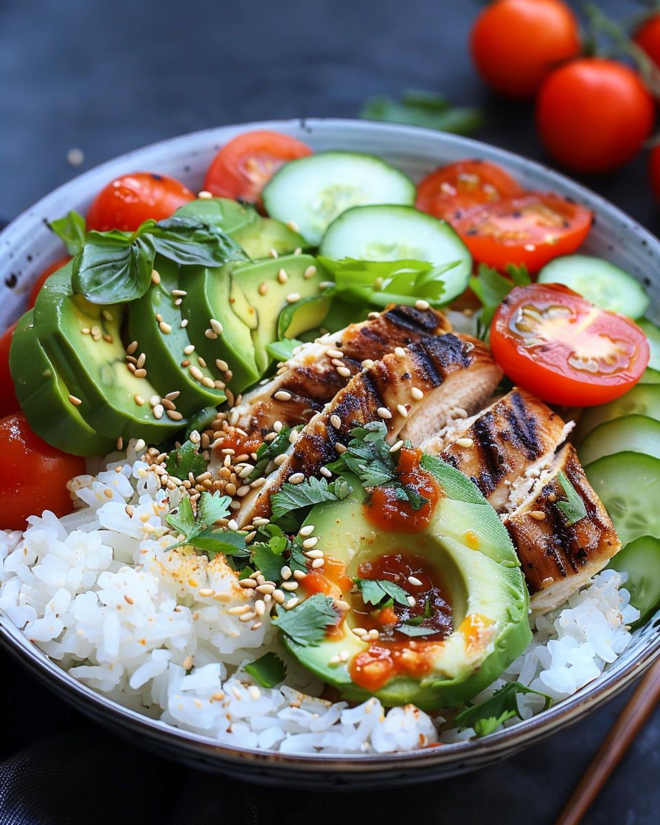 Rice bowl recipes featuring grilled chicken, avocado, cucumber, cherry tomatoes, and white rice garnished with sesame seeds.
