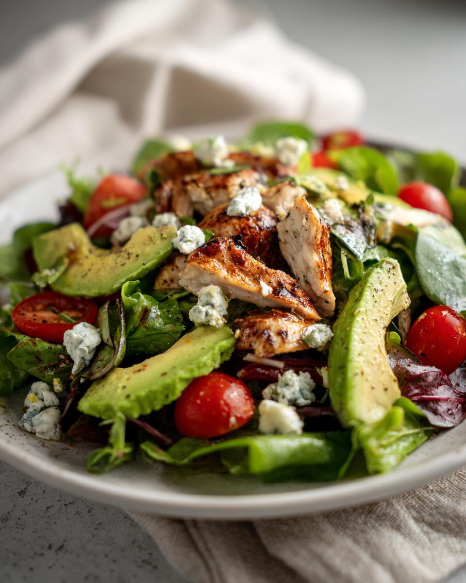 Grilled chicken salad with avocado, cherry tomatoes, greens, and blue cheese crumbles