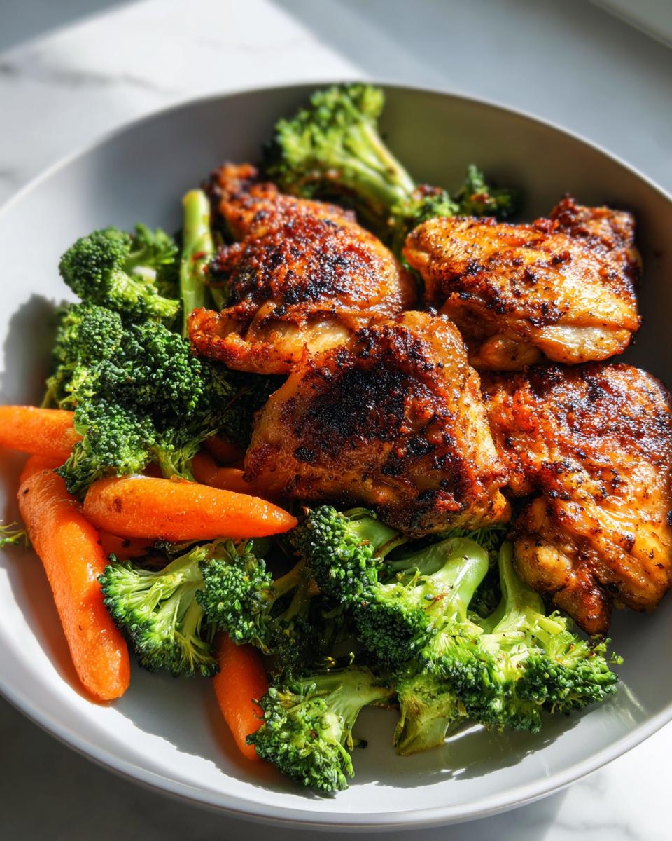 Grilled chicken thighs with steamed broccoli and carrots on a white plate, high protein dinner recipes