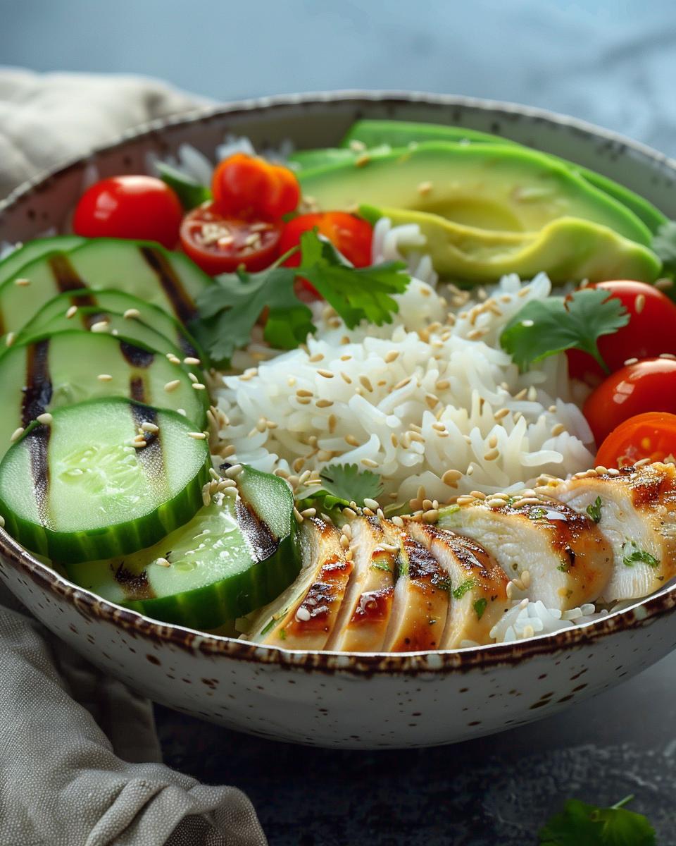 Rice bowl recipes featuring grilled chicken, white rice, cucumber, cherry tomatoes, avocado, and sesame seeds.