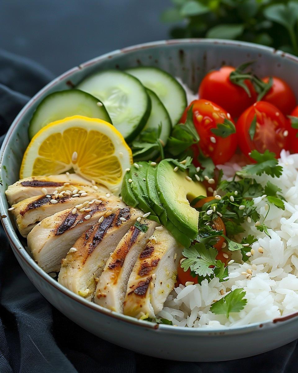 Rice bowl recipes featuring grilled chicken, avocado, cucumber, cherry tomatoes, lemon, and white rice.