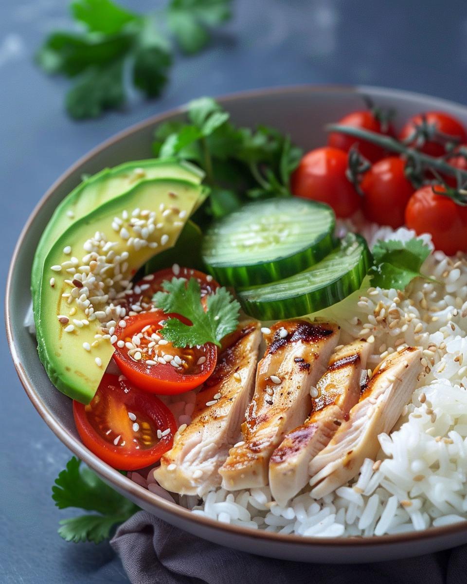 Rice bowl recipes with grilled chicken, avocado, cherry tomatoes, cucumber, and sesame seeds.