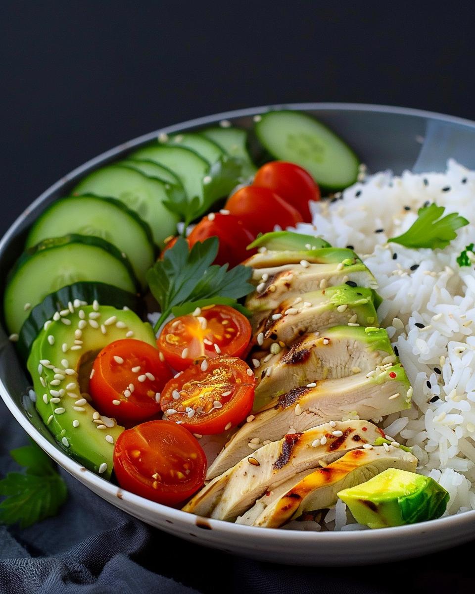 Rice bowl recipes featuring grilled chicken, avocado, cherry tomatoes, cucumber, and white rice with sesame seeds.