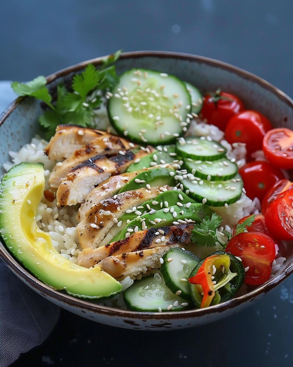 Grilled chicken rice bowl with avocado, cucumber, cherry tomatoes, and sesame seeds