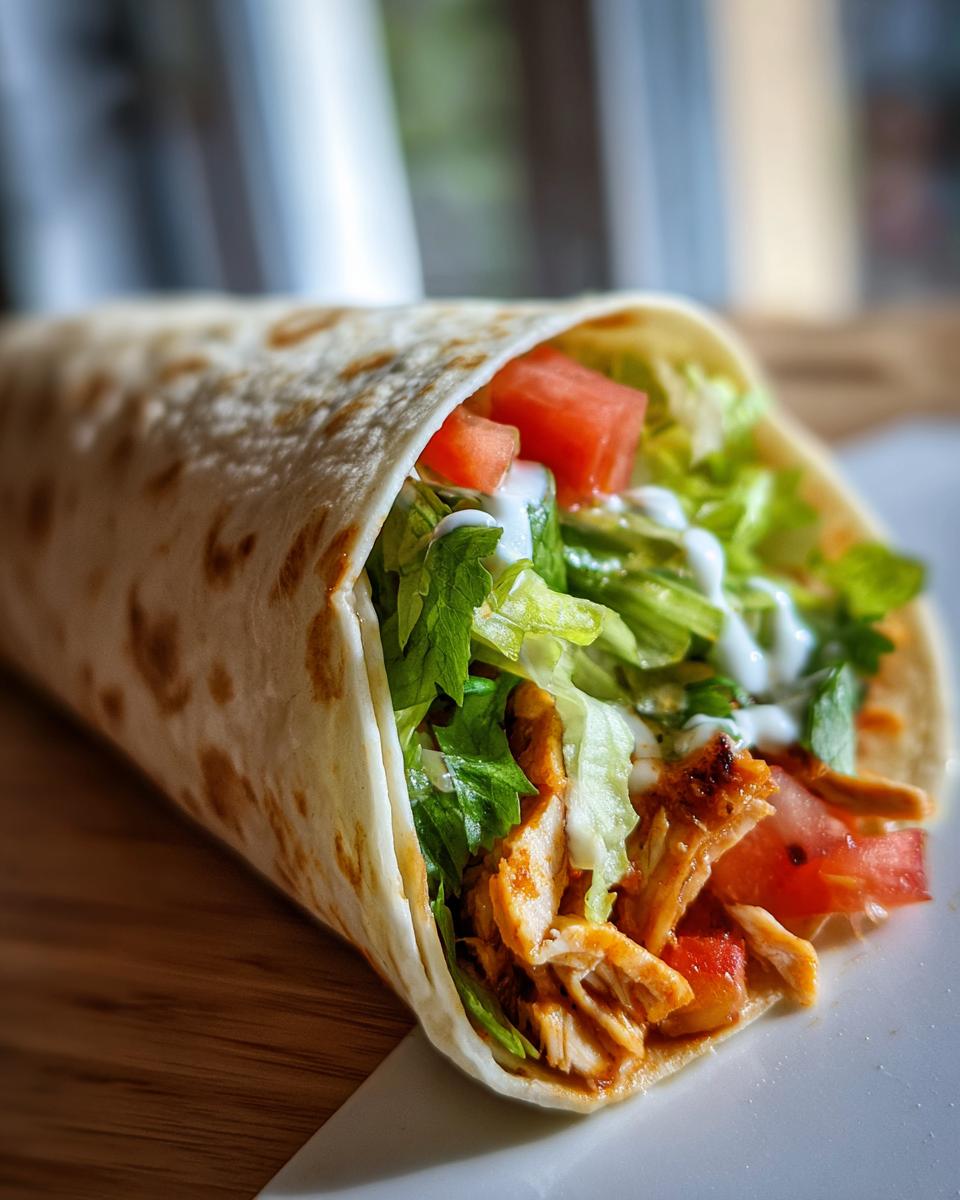 Close-up of a grilled chicken wrap filled with lettuce, tomato, and sauce on a tortilla.
