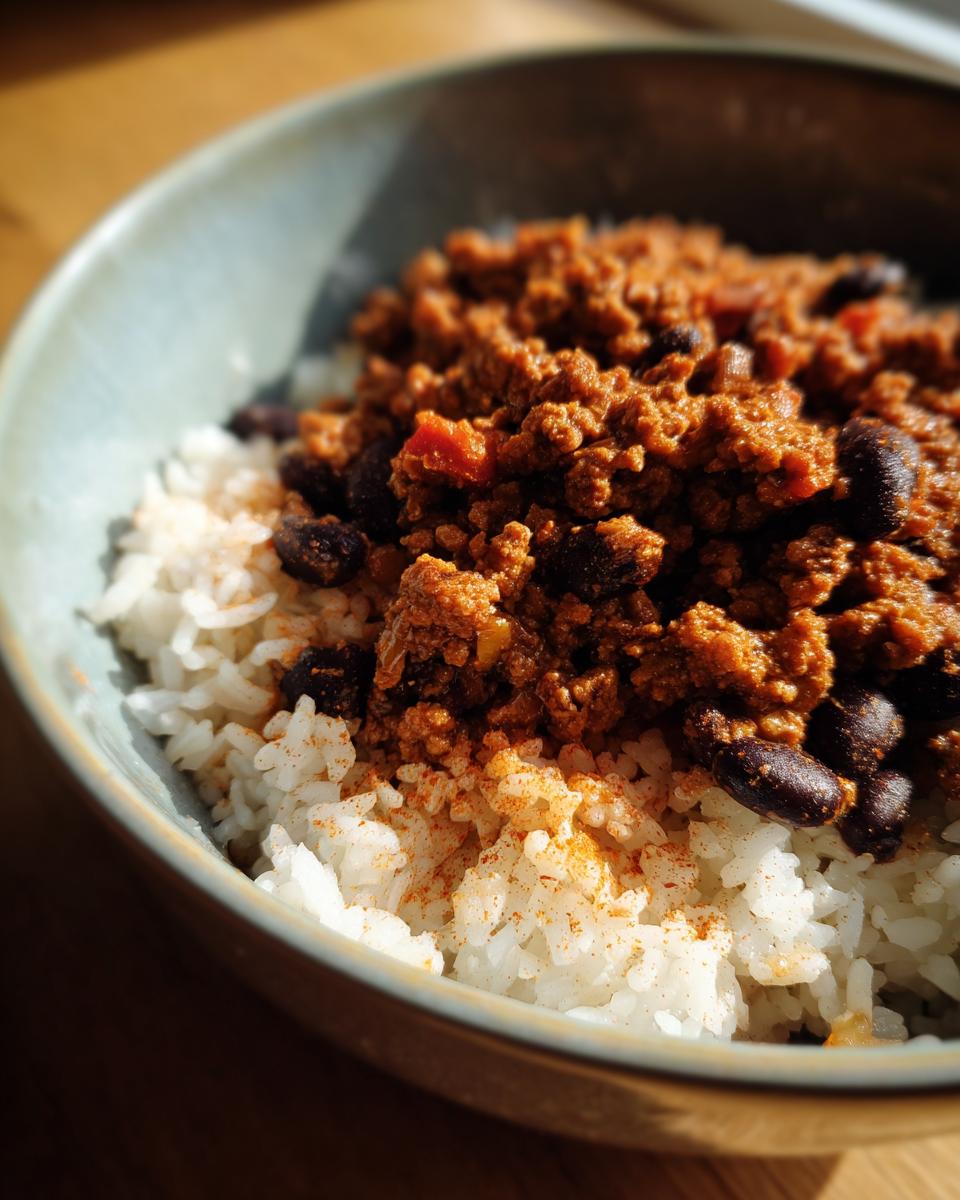 Bowl of white rice topped with ground beef and black beans, seasoned with spices