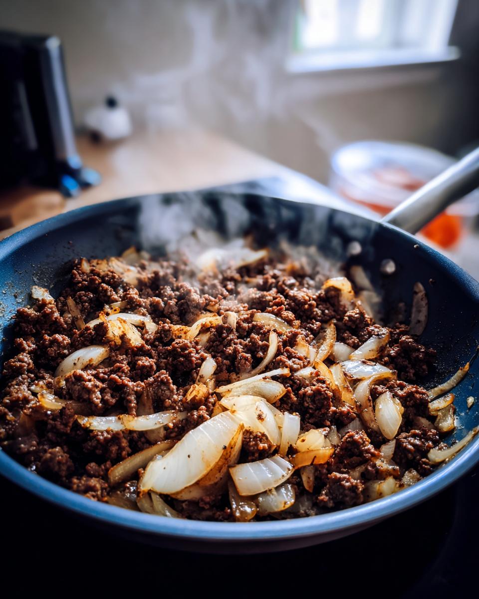 Skillet with ground beef and sautéed onions cooking on stove, steaming hot