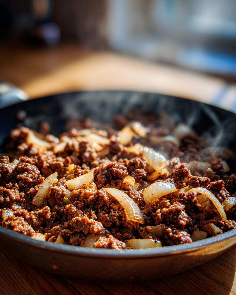 Skillet with sizzling ground beef and cooked onions for skillet dinner recipes