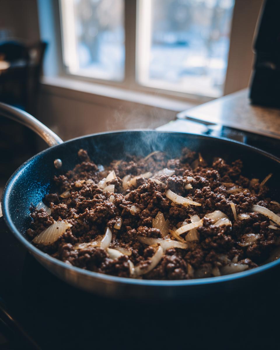 Skillet dinner recipes with ground beef and sautéed onions cooking on stovetop