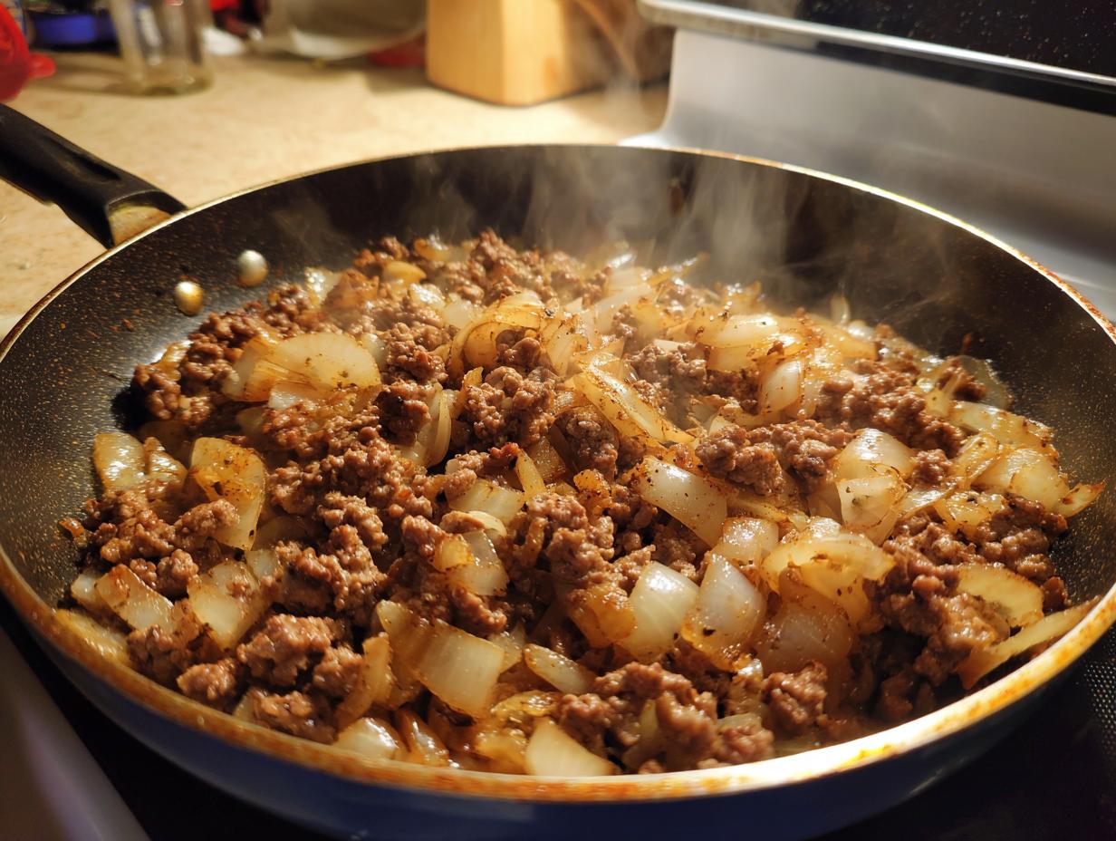 Skillet dinner recipes with ground beef and sautéed onions cooking in a frying pan