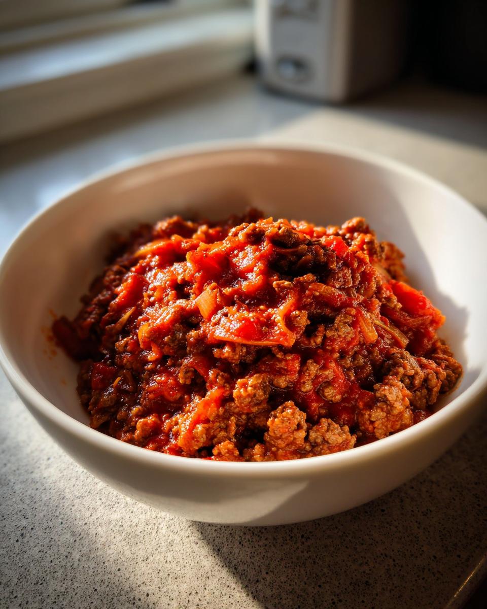 Bowl of ground beef tomato sauce, perfect for quick weeknight meals.