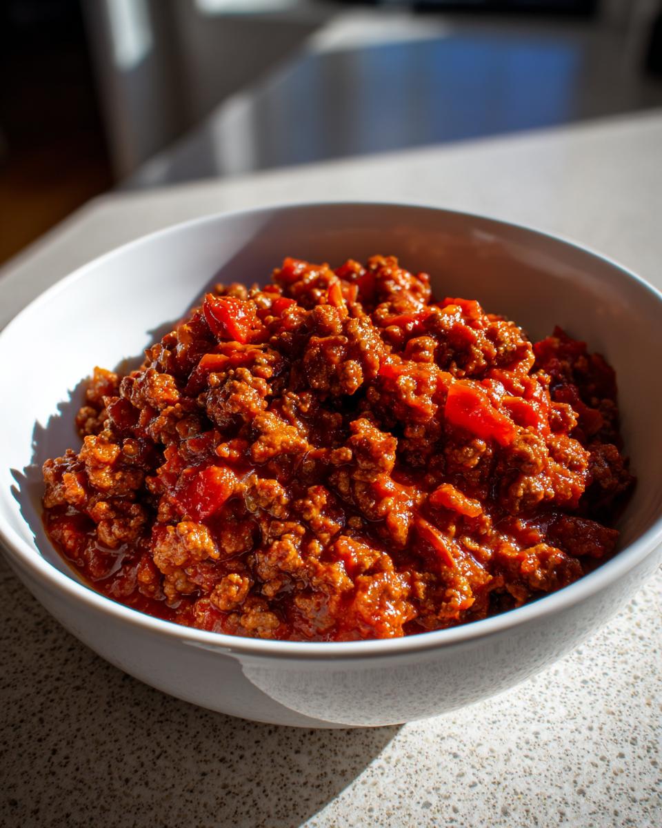 Bowl of ground beef cooked in tomato sauce, perfect for quick weeknight meals.