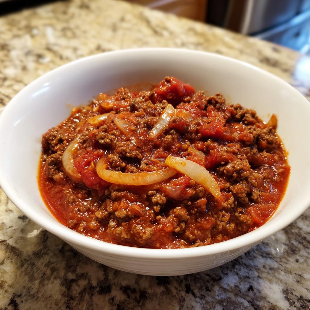 Bowl of ground beef tomato sauce with onions, perfect for quick weeknight meals