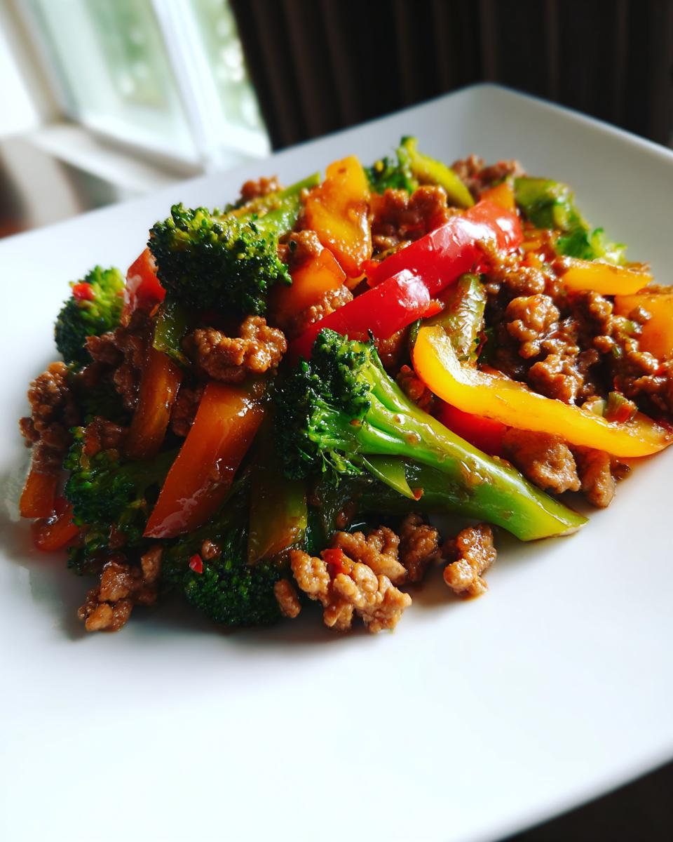 Plate of ground chicken stir fry with broccoli, red and yellow bell peppers.
