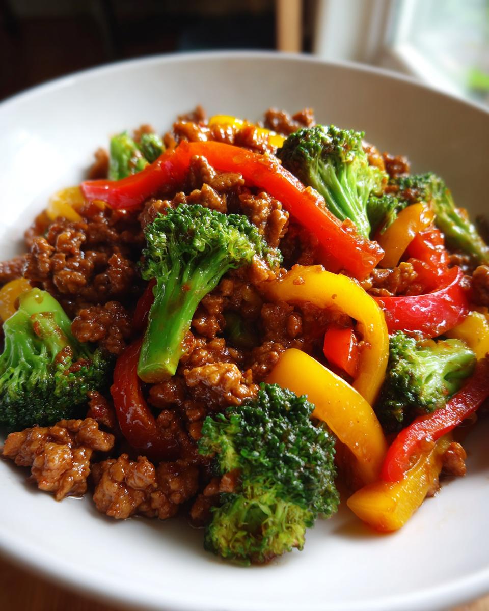 Bowl of ground chicken recipes stir fry with broccoli, red and yellow bell peppers.