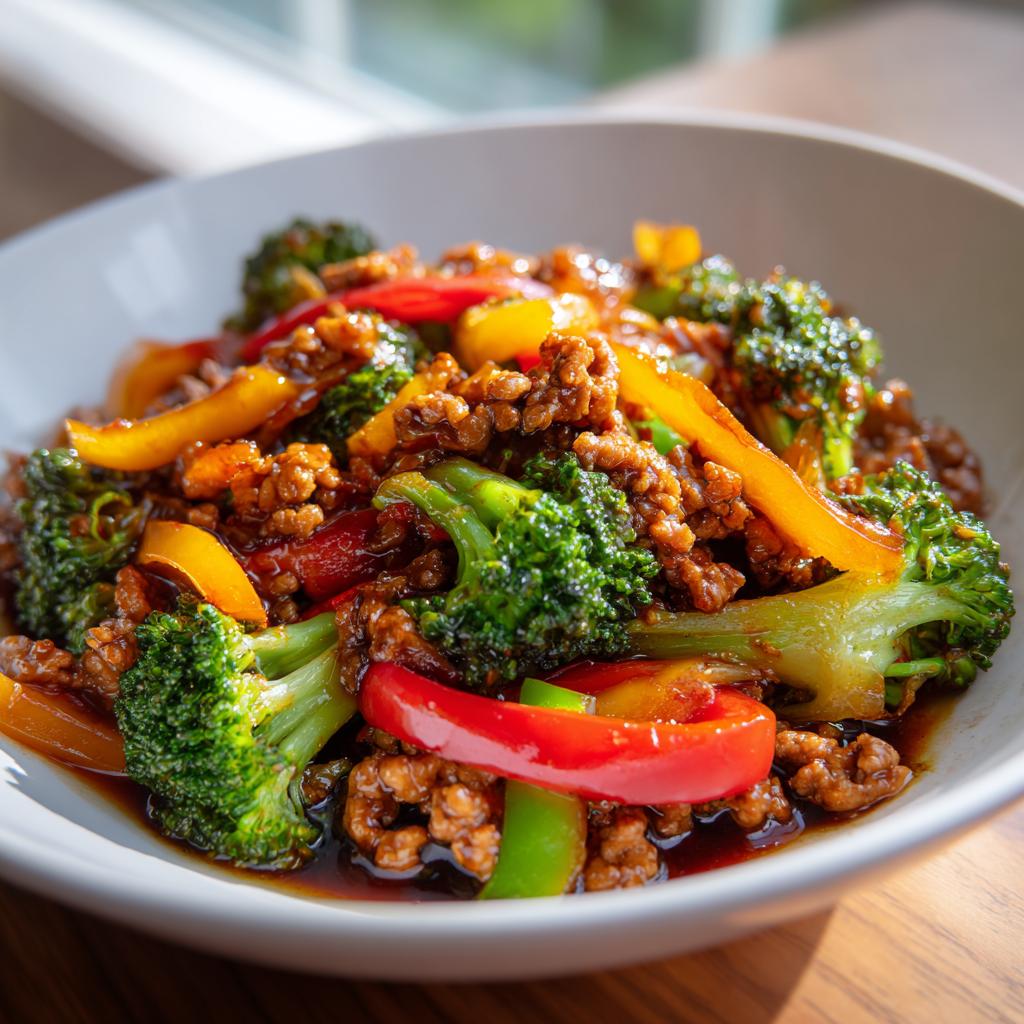 Bowl of ground chicken stir-fry with broccoli, red and yellow bell peppers in sauce