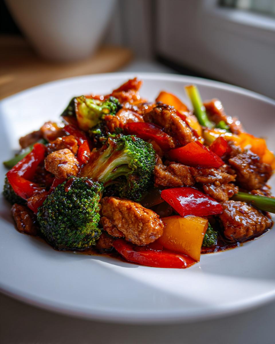 Plate of ground chicken stir fry with broccoli, red and yellow bell peppers in sauce.