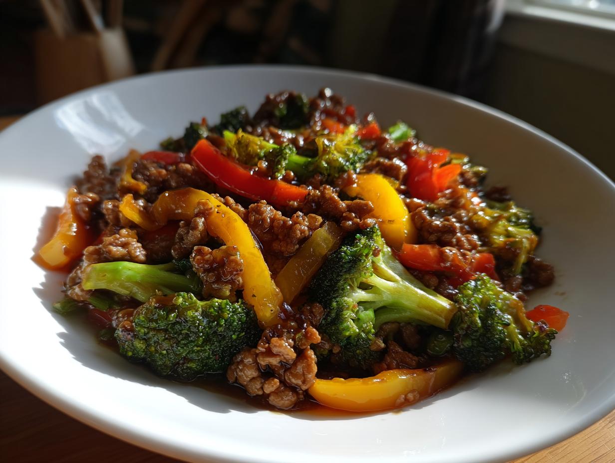 Plate of ground chicken stir fry with broccoli, red and yellow bell peppers in sauce
