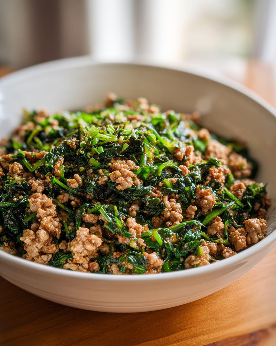 Bowl of cooked ground meat mixed with spinach, a low carb dinner recipe.