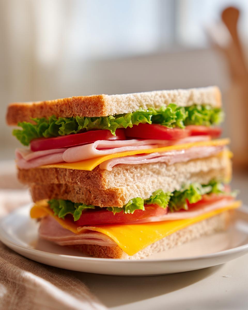 Close-up of a ham and cheese sandwich with lettuce and tomato on white bread.