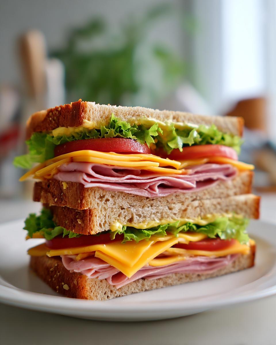 Close-up of a ham and cheese sandwich with lettuce and tomato on whole grain bread.