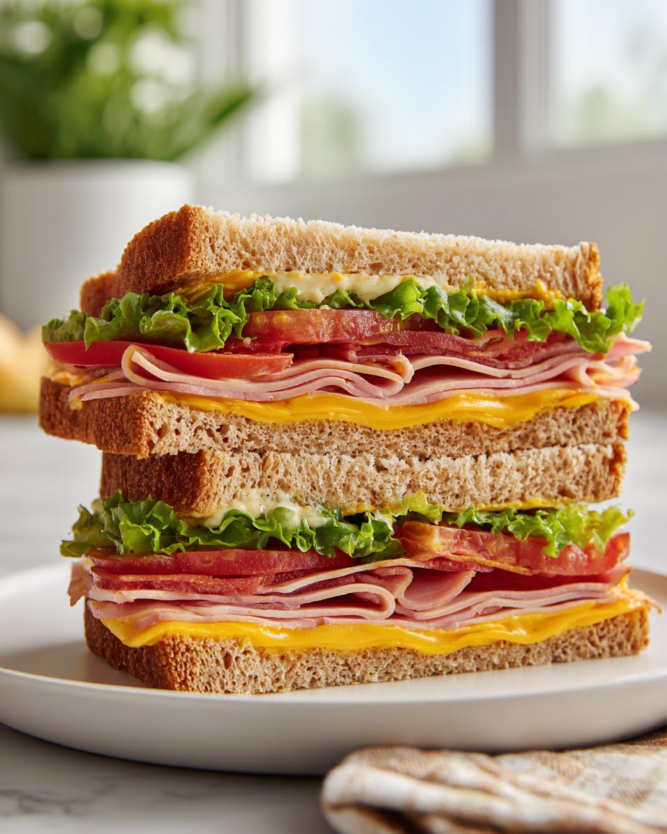 Close-up of a stacked ham and cheese sandwich with lettuce and tomato on whole wheat bread.