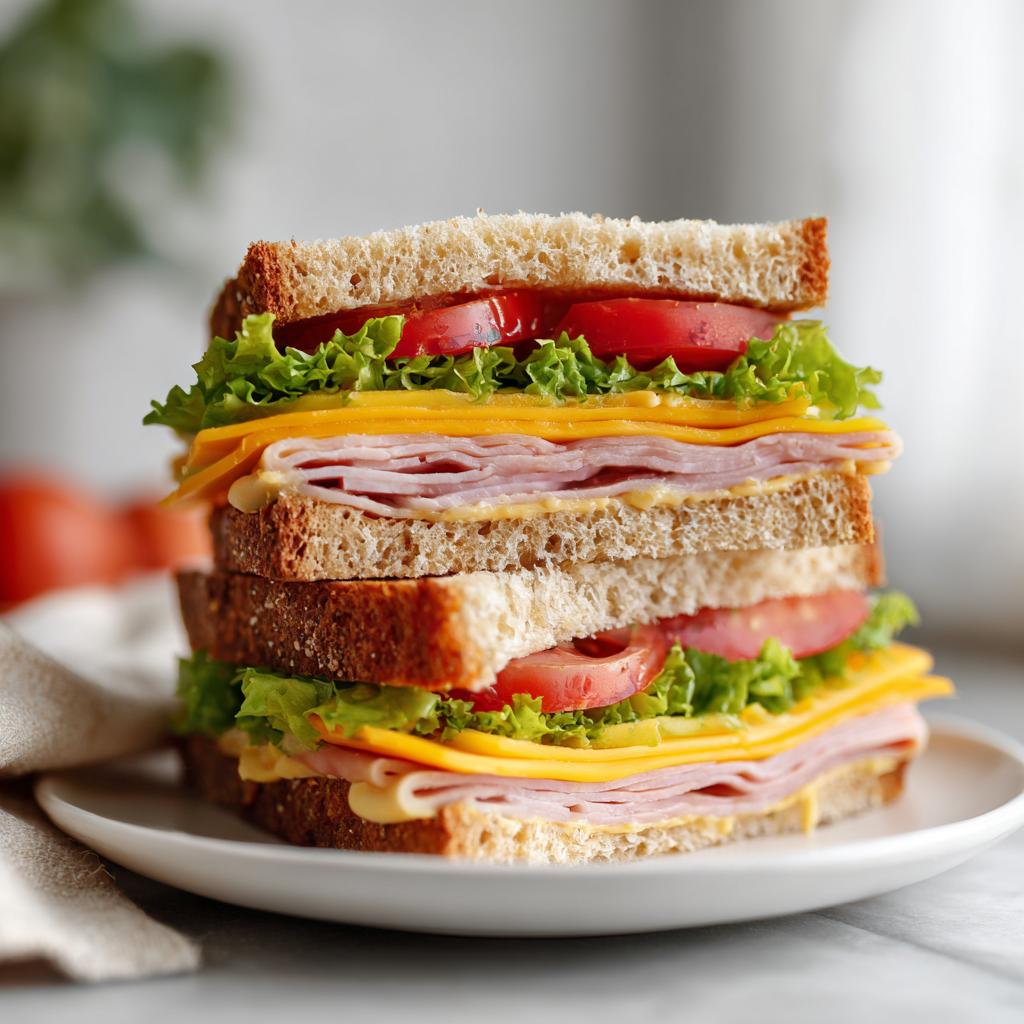 Close-up of a ham and cheese sandwich with lettuce and tomato on whole wheat bread.
