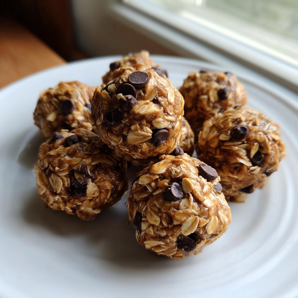 Plate of healthy snack recipes chocolate oat energy bites with chocolate chips