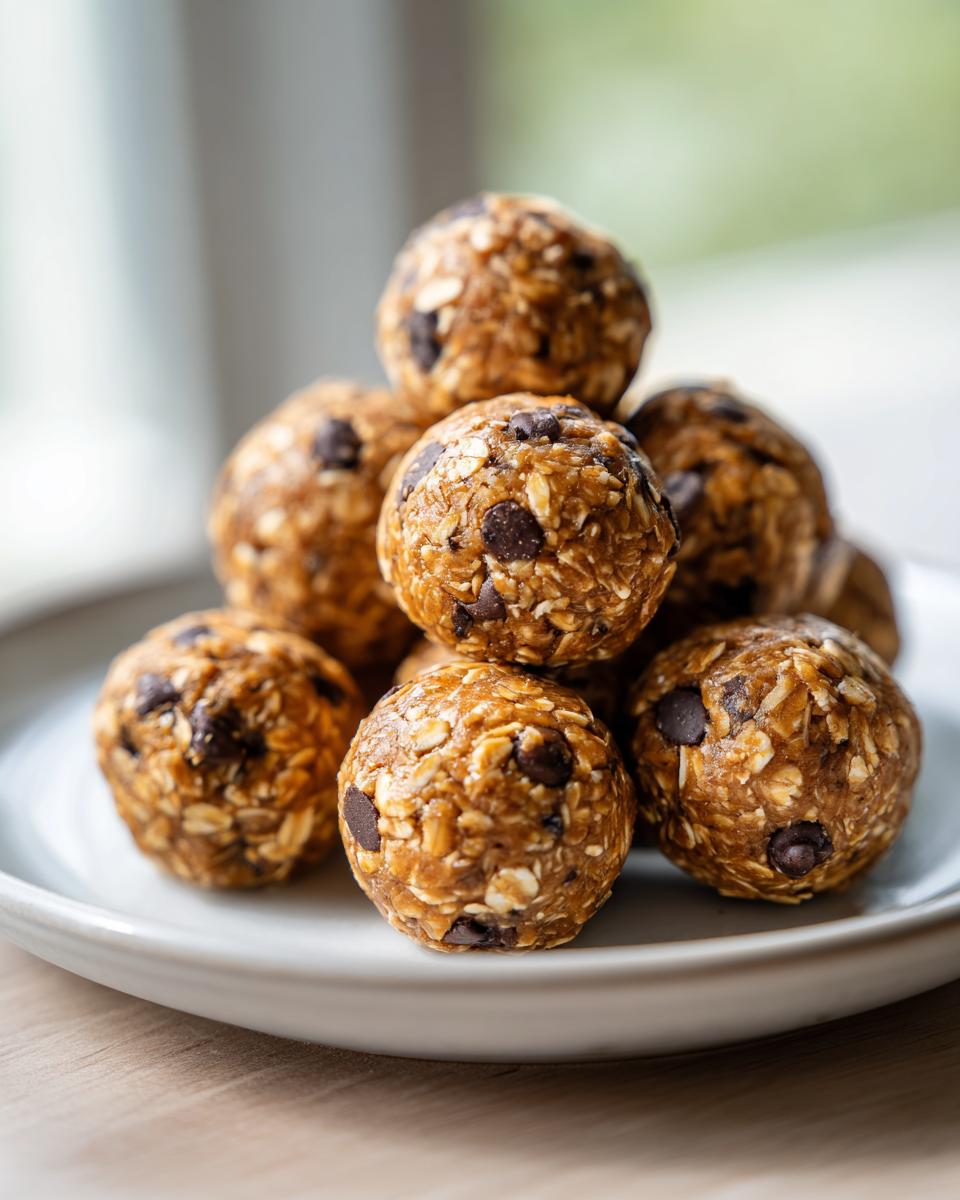 Stack of energy bite balls made with oats and chocolate chips on a white plate