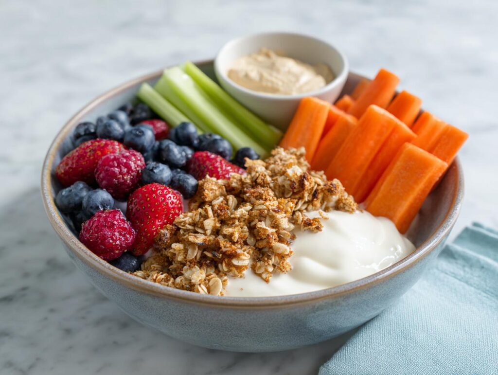 Bowl of healthy snack recipes featuring yogurt, granola, berries, celery, carrots, and dip.