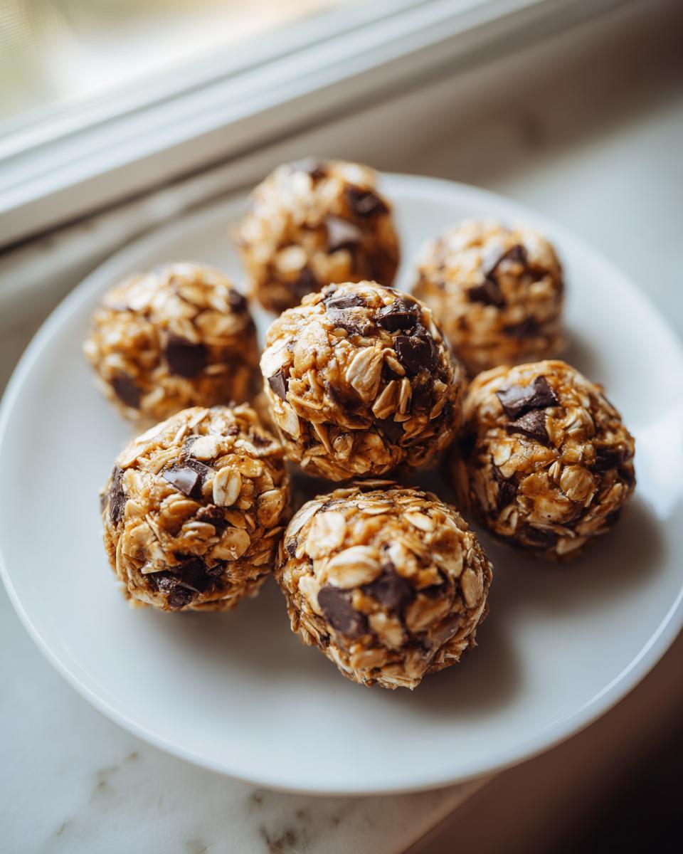 Plate of oatmeal energy bites with chocolate chunks, a healthy snack recipe