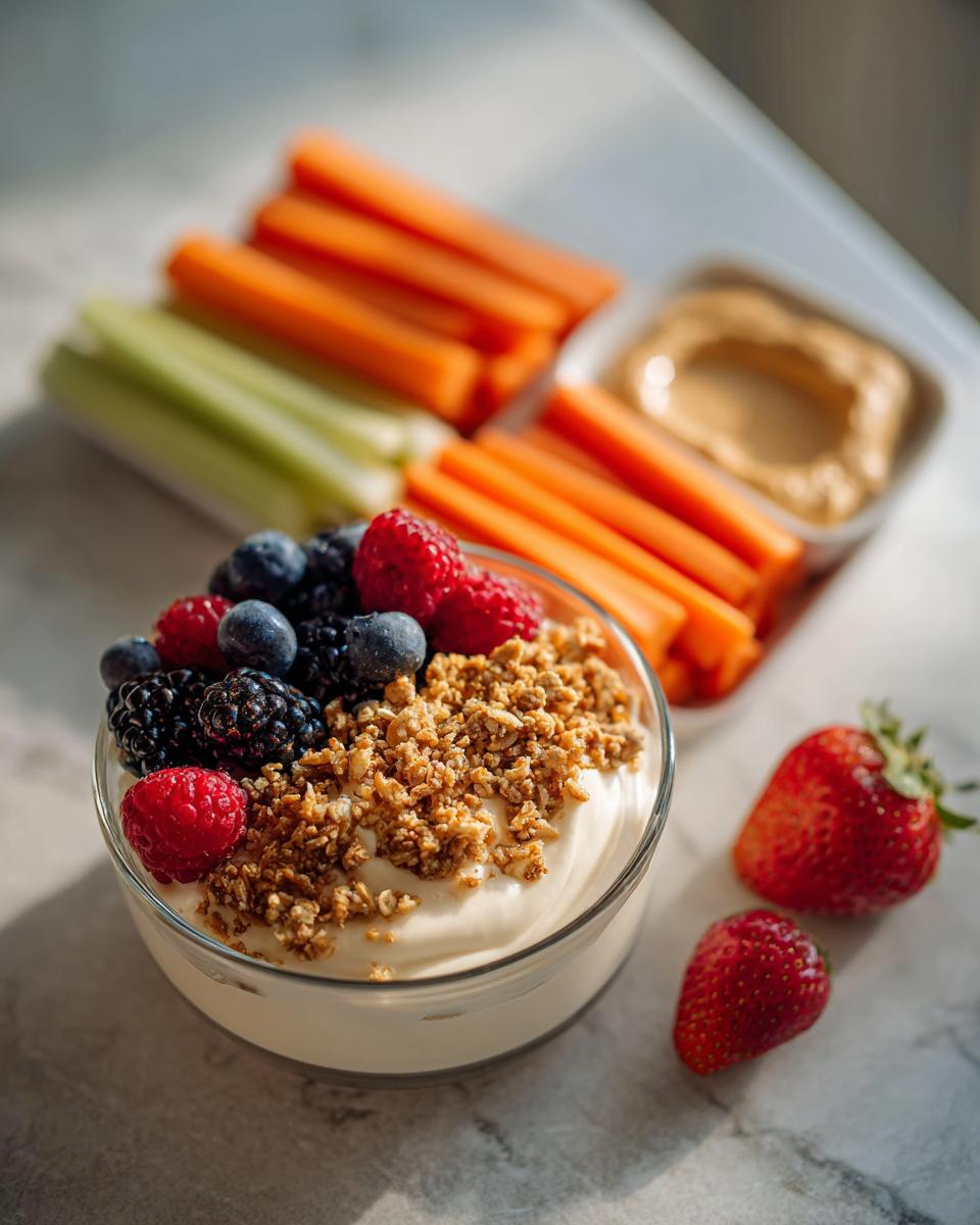 Bowl of yogurt topped with granola and mixed berries alongside celery, carrot sticks, and peanut butter dip.