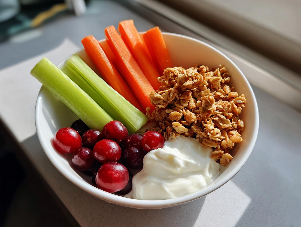 Bowl of healthy snack recipes with celery, carrot sticks, cherries, granola, and yogurt.